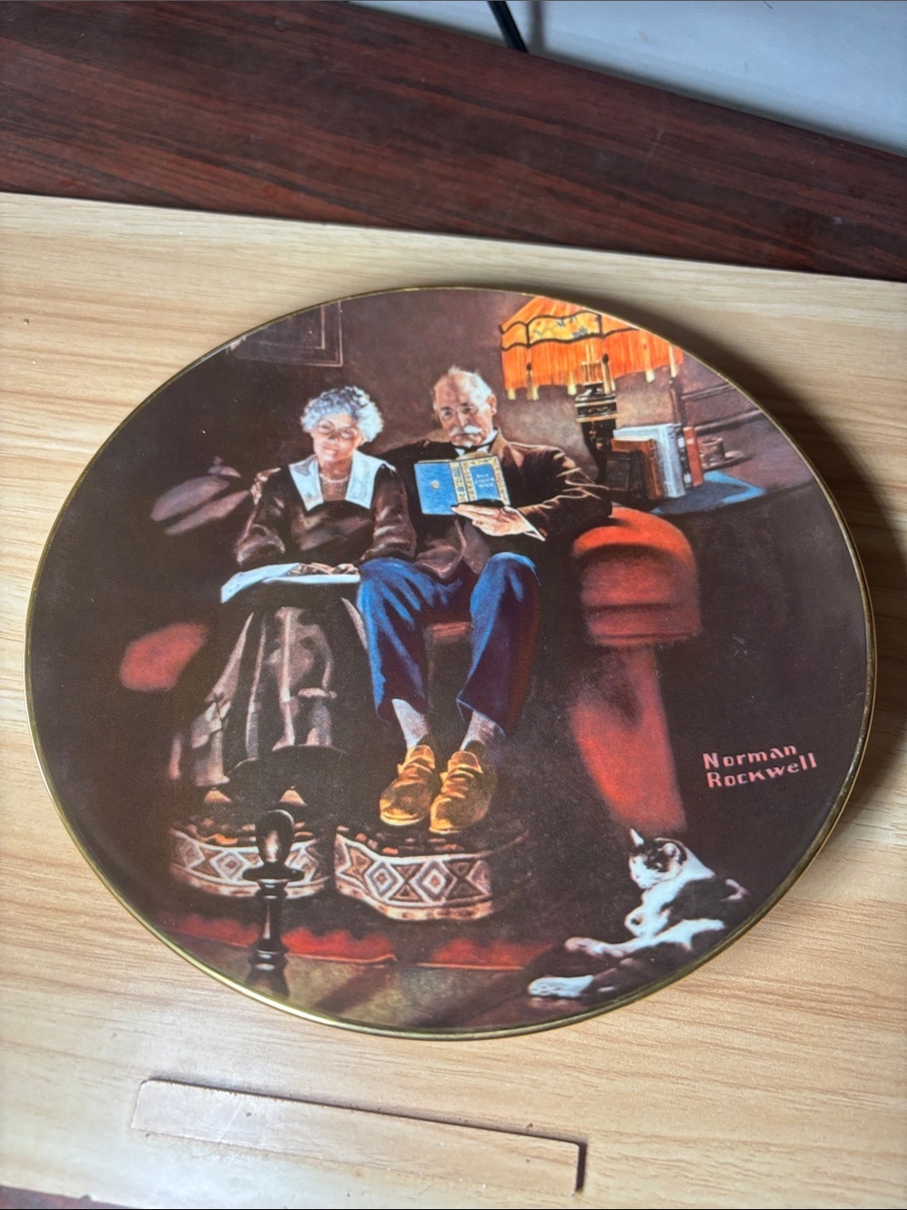 Norman Rockwell Plate — Elderly Couple Deep Red, Brown, Blue and Gold Accents